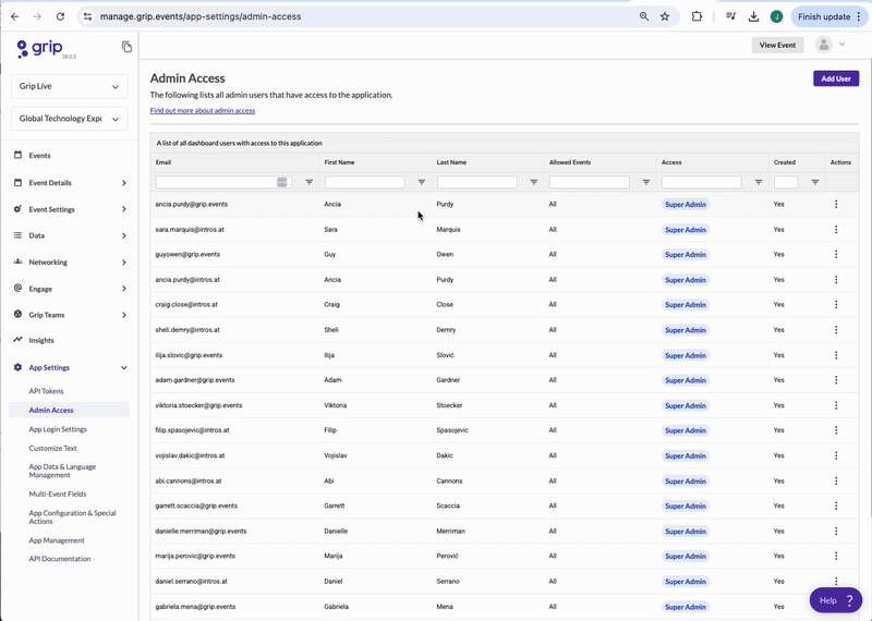 User access roles in the Grip Engage Admin