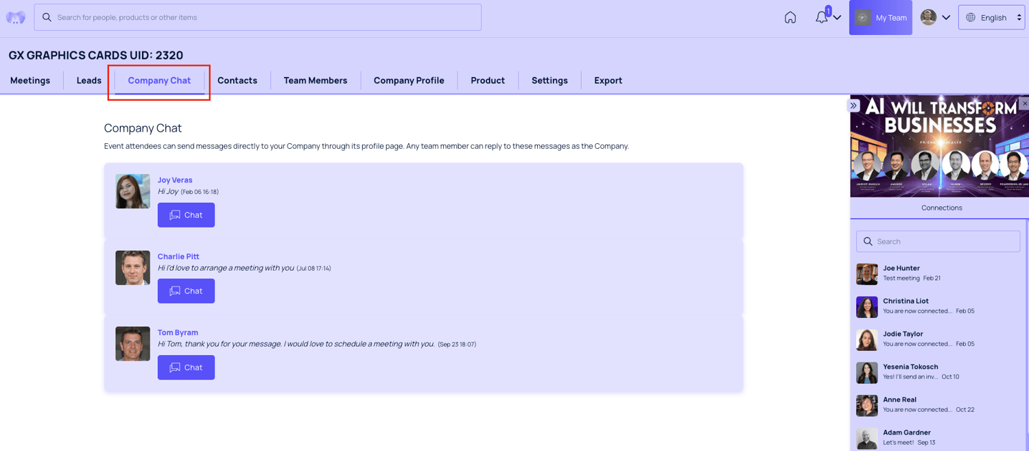 How to use company chat as an event participant or company representative